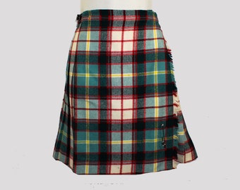 Scottish Kilt Skirt - Size 4 to 6 Forest Sea Green Red Cream Tartan Plaid Pleated Wrap Skirt - Fringe & Buckles - Fall Autumn - Waist 25 26