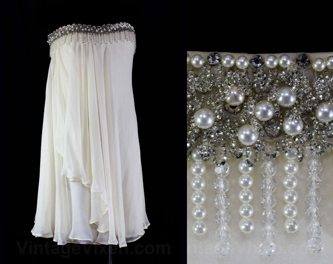 Strapless Cocktail Dress - Designer Malcolm Starr 1960s Party Gown - White Silk Chiffon & Pearl Fringe Beadwork - 60s Deadstock - Bust 36