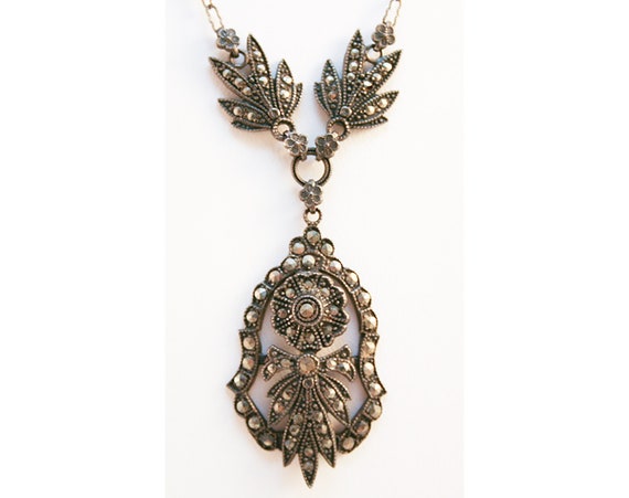 Antique 1910s Sterling and Marcasite Necklace & E… - image 3