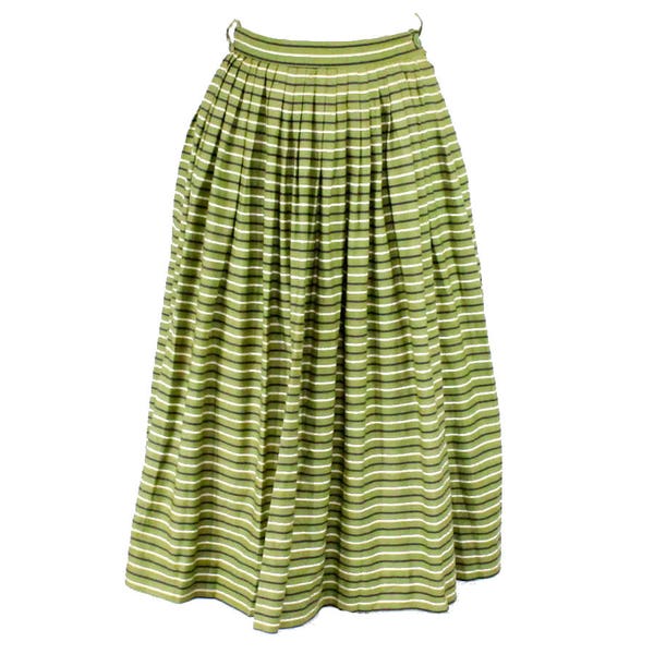 XXS 1950s Pleated Skirt - Size 2 Olive Green 50s Full Skirt - Black & Ivory Striped Cotton - Swing Era Bobby Soxer Cute - Waist 24 - 49324