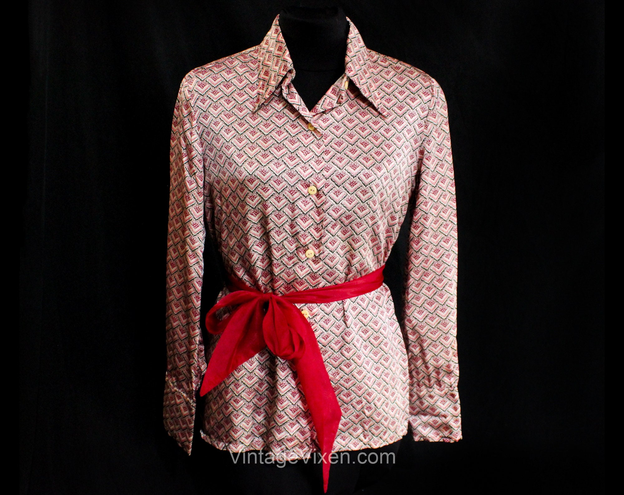 1970s Satin Shirt - Disco 70s Chevron Art Deco Snake Scales Print
