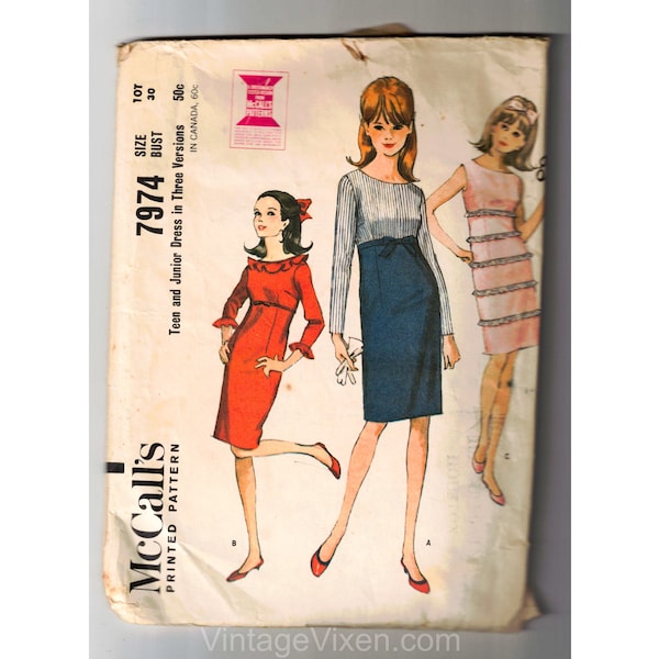 1965 Dress Sewing Pattern - 60s Teen Junior Cocktail Dress - Three Flirty Designs - Uncut Complete Bust 30 McCalls 7974 1960s Dollybird