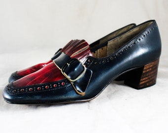 Size 7.5 Mod Loafer Shoes - Unworn 1960s Navy Blue & Scarlet Red Hipster Pumps - 7 1/2 Narrow - Wood Heel - Two Tone 60s 70s NIB Deadstock