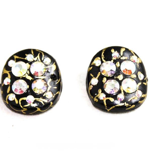 1950s Black & Gold Earrings - Kitsch Mid Century Glamour - Rhinestones with Hand Painted Detail - 50s Clip Ons - Aurora Borealis - 50374