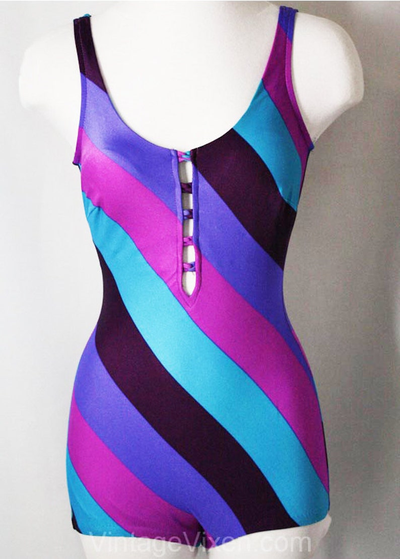 Size 4 Bathing Suit 70s Teal Blue & Violet Purple Slant | Etsy