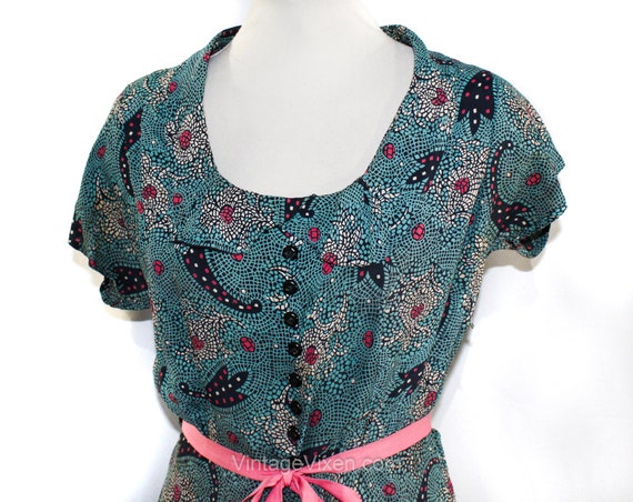 1940s Paisley Rayon Dress - Medium 40s Turquoise … - image 2