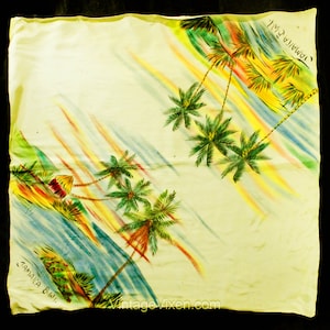 1940s Rayon Scarf - Jamaica British West Indies Souvenir - Hand Painted 40s Resort - Palm Trees, Beach Huts, Yellow Cold Rayon Turban Wrap