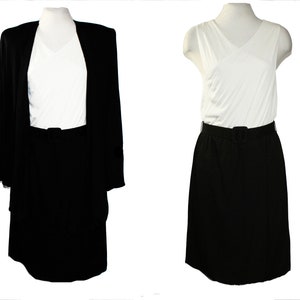 Size 6 1990s Designer Dress - Black & White Jersey Knit ärmellose Etuikleid und offene Frontjacke - Posh Label Dominic Rompollo - Taille 30