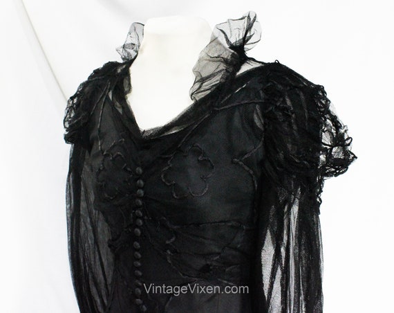 1930s Evening Dress - XXS Black Net & Soutache 30… - image 4