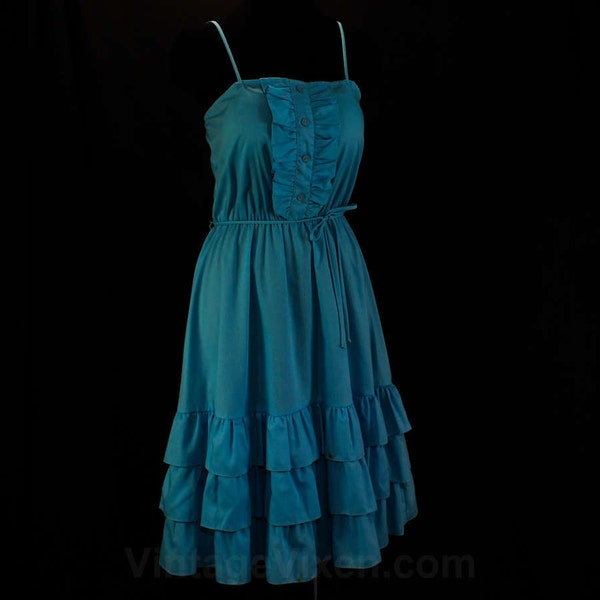 Size 10 Sun Dress - Turquoise Blue Cotton 1980s Retro - 80s Does 50s - Tux Ruffle Bodice - Full Skirt - Medium Summer 80's Dress - 46221