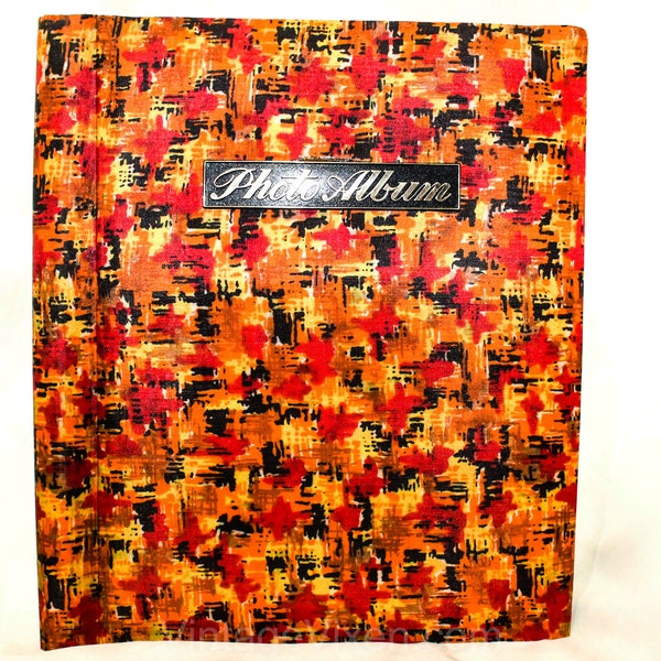 1960s Photo Album Full of Candid Pictures - Burnt Orange Red Black Satin Hardback Cover - Mostly 1950s 60s Images - Ten Cellophane Pages