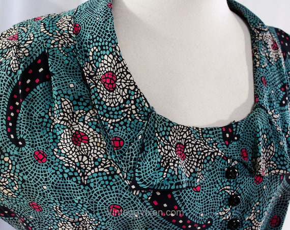 1940s Paisley Rayon Dress - Medium 40s Turquoise … - image 4