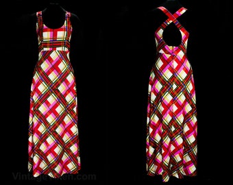 Large 1970s Sun Dress - Bright Red & Pink Plaid Retro 70s Summer Dress - Criss Cross Back - Sexy Shimmer Jersey Knit - Size 10 12 Bust 37.5