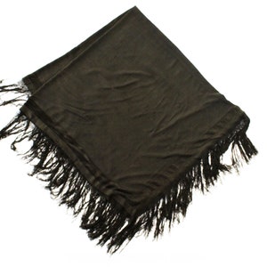 1910s 1920s Silk Scarf - Titanic Era Chocolate Brown Crepe & Satin Wrap - Authentic 20s Flapper Large Piano Shawl with Hand Knotted Fringe