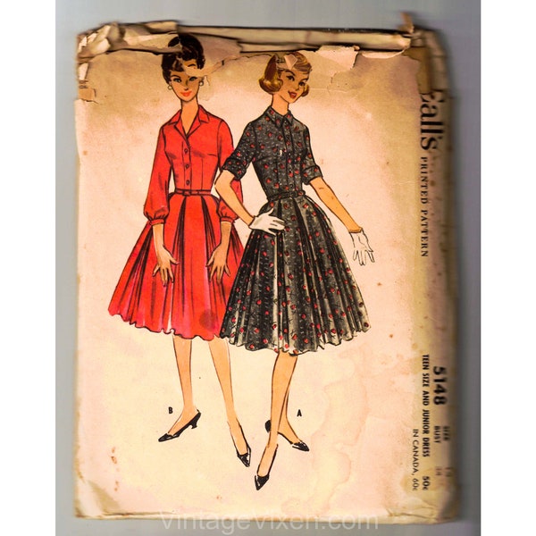 1950s Shirtwaist Dress Sewing Pattern - Two Styles of Sleeves - Dated 1959 Unused Complete - Bust 34 McCalls 5148 - Teen Size Junior 50s