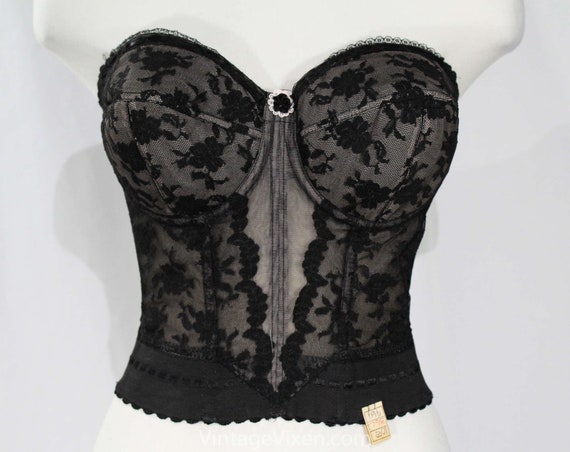 32B 50s Strapless Bra - Burlesque 1950s Black Lac… - image 1