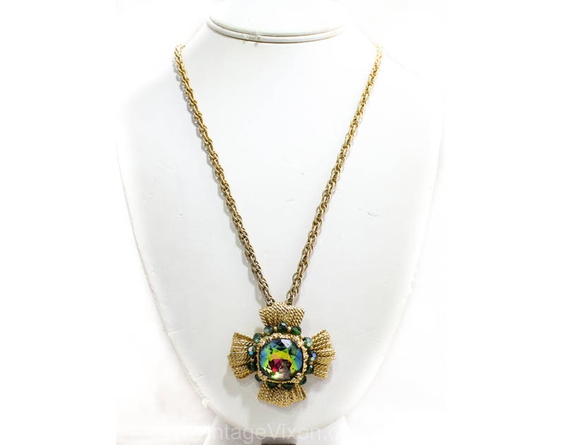 1970s Napier Striking Maltese Cross Pendant Necklace Rainbow Watermelon Faceted Glass Stone Bold Collectable Converts to Brooch Pin