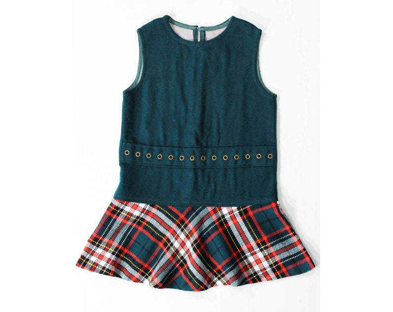 Child Size 10 Girl/'s Mod 60s Mini Dress Chest 28 Go-Go 1960s Teal Green Sleeveless Jumper Cute Fall Winter Tartan Red /& Black Plaid