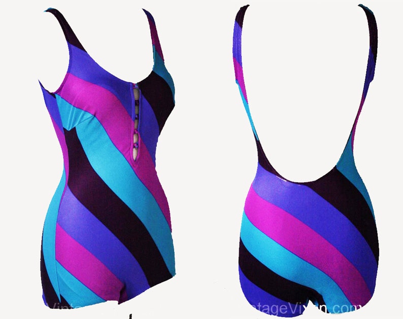 Size 4 Bathing Suit 70s Teal Blue & Violet Purple Slant Etsy