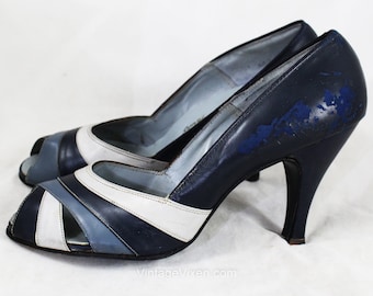 Size 8 1940s Shoes - As Is Navy Blue Hollywood Style 40s Peep Toe Heels - Color Block Radiant Leather - NOS American Girl Pumps - 8AA Narrow