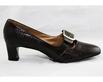 1960s Shoes - Unworn Classic Dark Brown Faux Reptile Leather Pumps - 60s Ruddy Reptilian Two-Tone - Buckles - 1960s Deadstock Size 8 Narrow