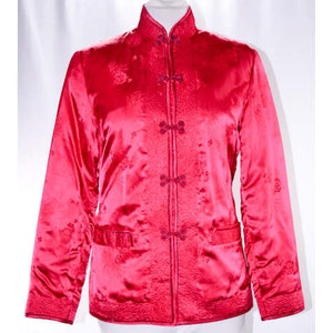 Pink Satin Jacket - Asian Raspberry Brocade Evening Jacket - Mandarin Collar - Down-Filled - Hand Detailing - Size 6 - Bust 36  41058