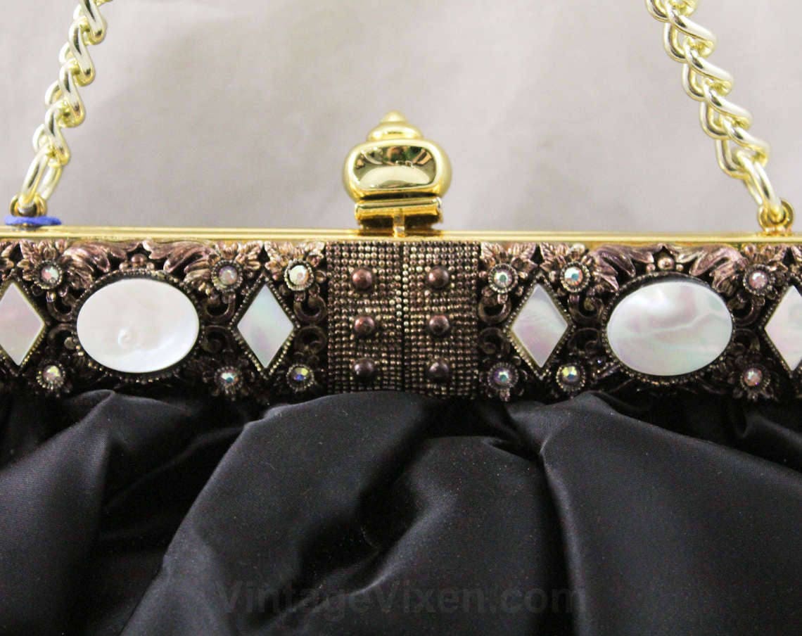 1950s Black Satin Purse - Elegant Pouf Bag with Jeweled Frame - Deadst –  Vintage Vixen Clothing