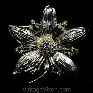 Bold Silver Flower Brooch - 1960s Five Petal Floral Pin - Aurora Borealis Rhinestones - Silvertone Metal - 60s Mid Century Classic - 50618
