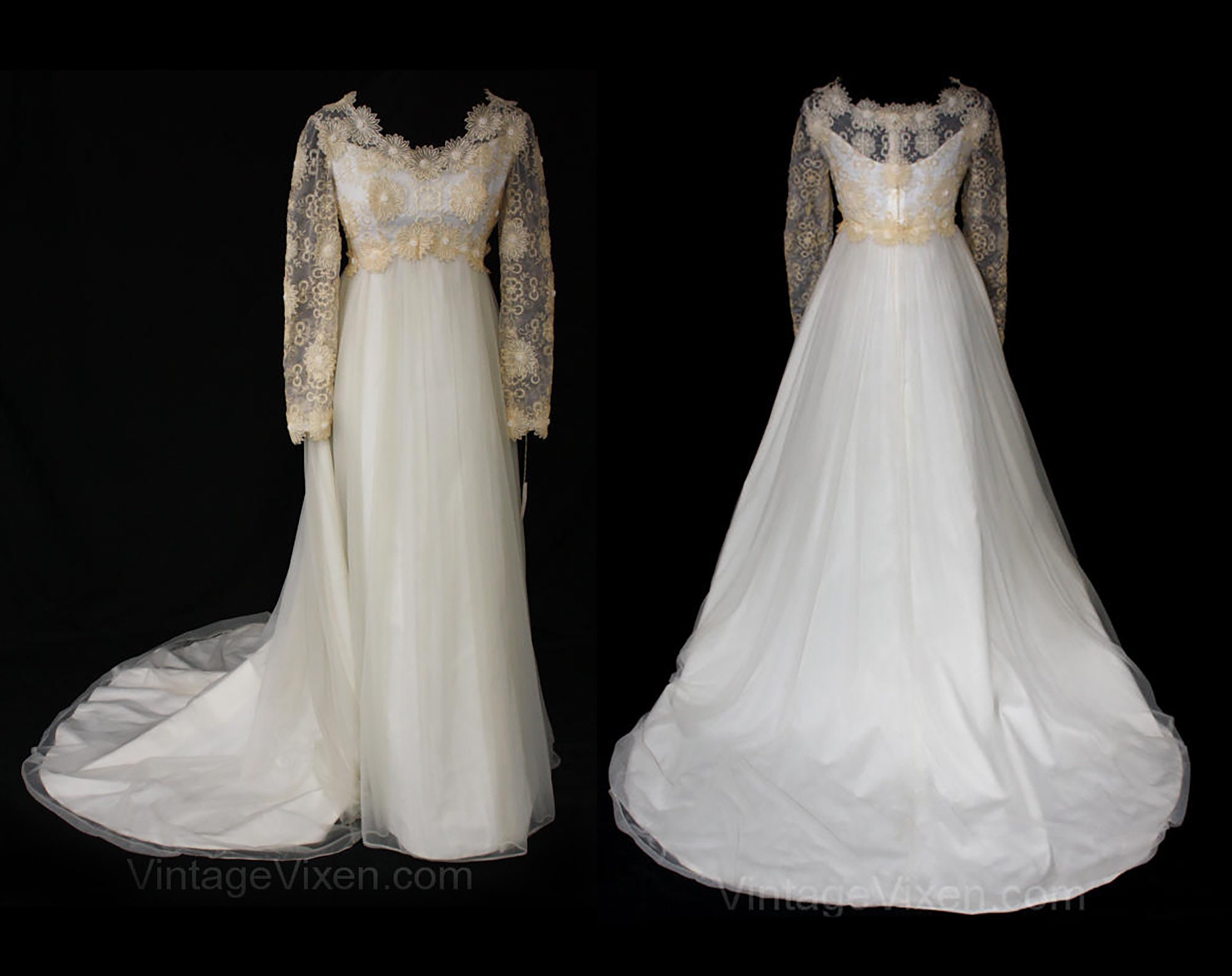 Vintage Wedding Dress - Angelic Early 60s Boho Daisy Lace Empire Bridal Gown with Bouffant Skirt - NWT - Size 4 Bust 33 -Waist 26.5 -36356-1
