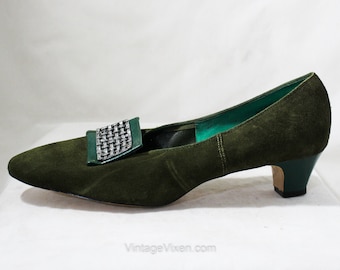 Size 8.5 1960s Green Shoes - Spinach and Forest Green Kitten Heels with Mid Century Lattice Buckle - 50s 60s NOS Deadstock 8 1/2 Medium