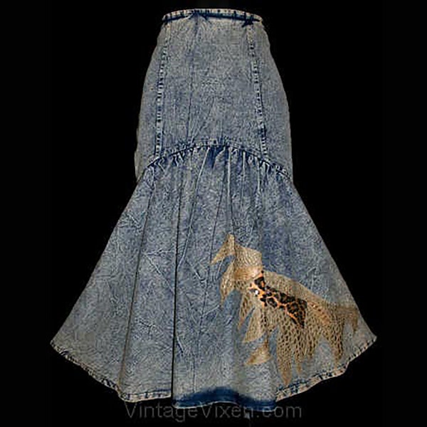 1980s Denim Skirt - Bad Girl 80s Stonewashed Street Wear - Leopard Pattern Mermaid Flare - Size 2 Waist 25 Hip 34 Small Punky Funky Artsy