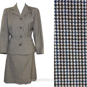 1940s Ladies&#39; Suit - Brown & Blue Houndstooth Wool Tailored Jacket and Skirt - Two Tone 40s WWII Style Glamour - Blazer w Pockets - Waist 28