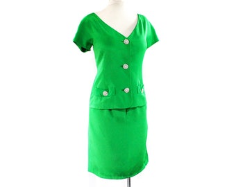 Green Designer Dress - Kelly Emerald Sumptuous Silk Crepe Size 10 1990s Sheath - Gorgeous Rhinestone Buttons - Faux Two Piece - Bust 37.5