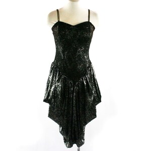 1980s Disco Dress - XS Black Metallic & Lace Sexy Party Girl Cocktail - Boned Bodice - Sultry 80s Draped Skirt - Bust 30 to 32 - 43778