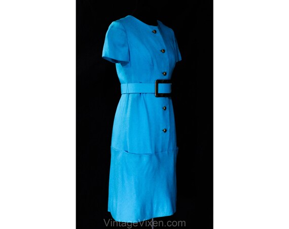 Turquoise Linen Dress - Mod 1960s Ocean Blue Faux… - image 9