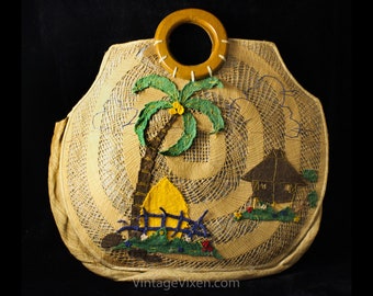 1940s Tropical Purse - 40s World War II Era Handbag - Novelty Felt Palm Tree, Beach Hut, Summer Flowers Beautiful Straw Tote - Wood Handles