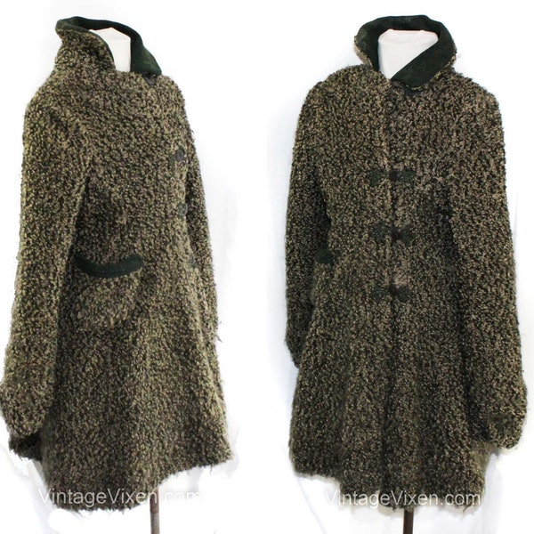 1910s Girl's Coat - Child Pre Teen Antique Overcoat - Nubby Sage & Gray Wool Boucle with Clover Leaf Style Braid Closures - Size 12 Chest 32