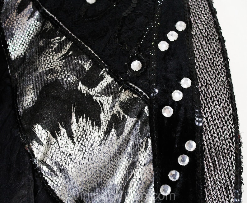 Artsy Asymmetric Velvet and Rhinestones Size 16 Party Girl Outfit 1990s Black Satin 3 Piece Set 50010 Tank Top /& Jacket with Skirt