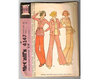 1974 XL Pant Suit Sewing Pattern - Bust 42 70s Misses Jacket Shirt & Trouser Pants - Size 20 1970s Women&#39;s Lib Separates - McCalls 4147