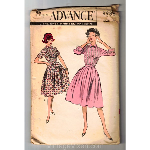 1950s Shirtwaist Dress Sewing Pattern - Short or 3/4 Length Sleeve - Tucked Front Full Skirt - Fit & Flare - Complete - Bust 34 Advance 8986