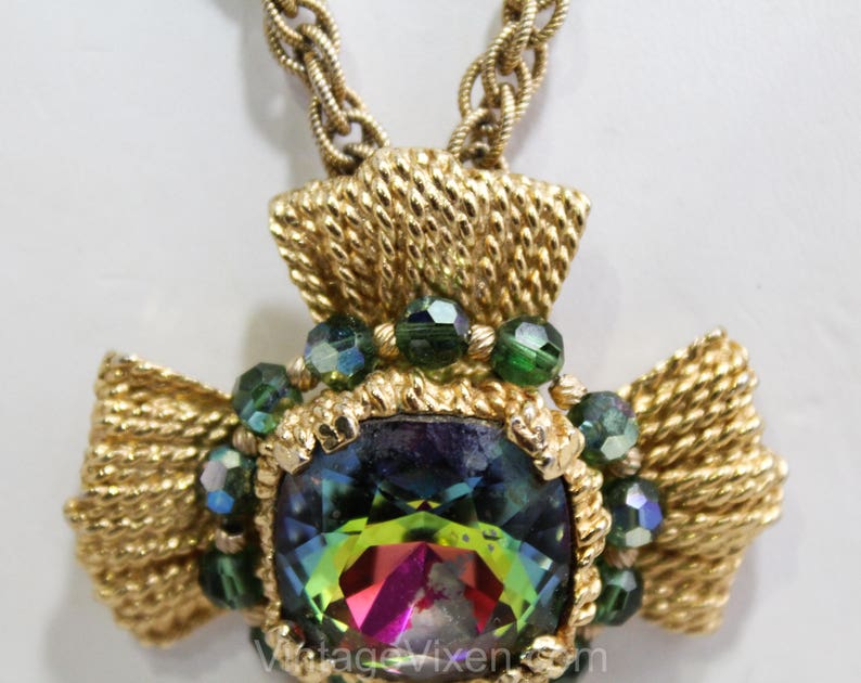 1970s Napier Striking Maltese Cross Pendant Necklace Rainbow Watermelon Faceted Glass Stone Bold Collectable Converts to Brooch Pin