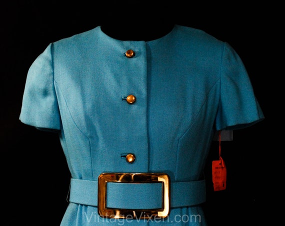 Turquoise Linen Dress - Mod 1960s Ocean Blue Faux… - image 2