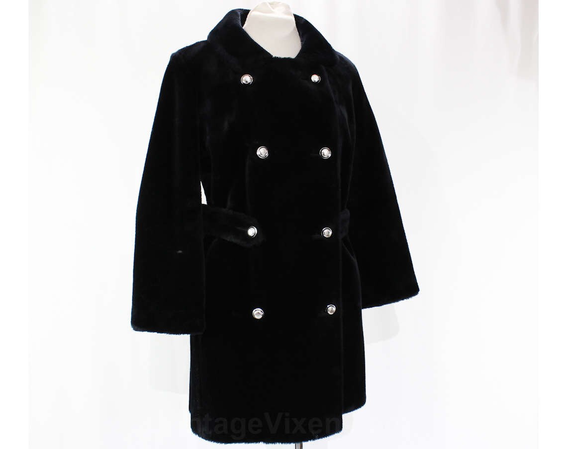 Size 10 Faux Fur Coat Plush Black 1960s 