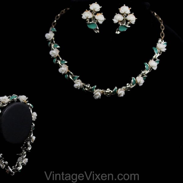 White Roses Jewelry Set - 50s Necklace Bracelet Earrings - Sweet Feminine Spring Summer 1950s 1960s - Jade Green Painted Leaves - 50579