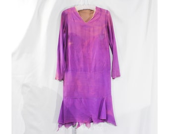 As Is 1920s Dress - Authentic Flapper Frock - Lilac Orchid Purple Sheer Silk - Drop Waist Tucks Handkerchief Skirt Hem - Size 000 XS Bust 33