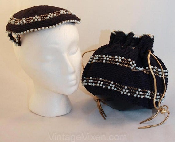 Terrific 1950s Navy Crochet Hat & Handbag Set - Mu