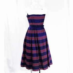 Size 6 1950s Sailor Dress - Navy Blue & Red Striped Cotton - Nautical 50s Sleeveless Fit Flare Summer Sun Frock - Betty Barclay - Waist 26