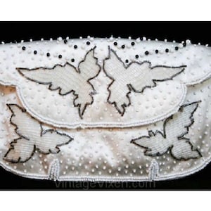 Pretty 1950s Evening Handbag - White & Black Beaded Satin Bag - Formal 50s Purse - Made in Japan - Fine Condition - Leaf Pattern - 38922