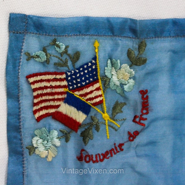 Souvenir de France Handkerchief - 1910s WWI Blue Silk Embroidered Hanky - US and French Flags Hand Sewn - Antique Sweetheart Homefront Gift