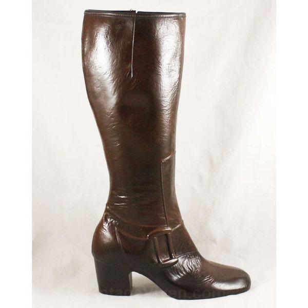 Size 5 Brown Boots with Trompe L'Oeil Faux Buckle - Unworn Antique Look 60s Brown Waterproof Rubber Boot - Fleece Lined - 1960s NOS - 47670